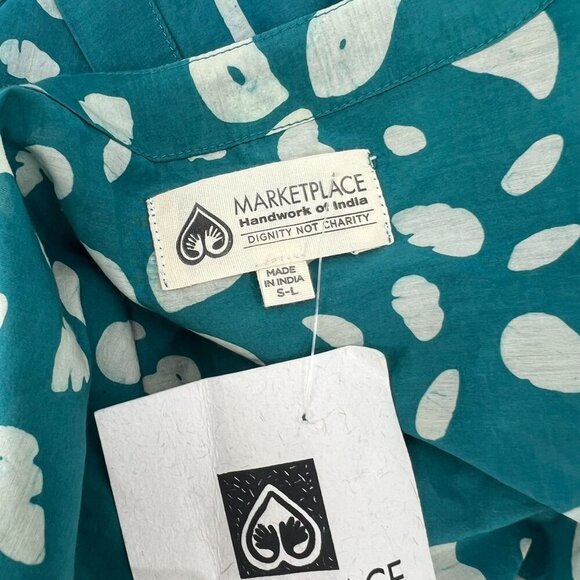 Marketplace of India S-L Silk Cotton Kimono Jacket Teal Global Batik Open Front - Picture 2 of 9